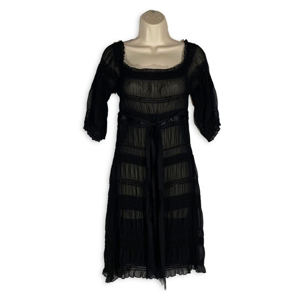 ABS Allen Schwartz Black Sheer Smocked Dress Medium Vintage Y2K Romantic Goth